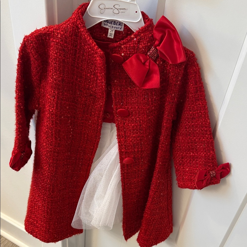 Gorgeous Blueberi Boulevard Red Bow Tweed jacket w/matching dress!